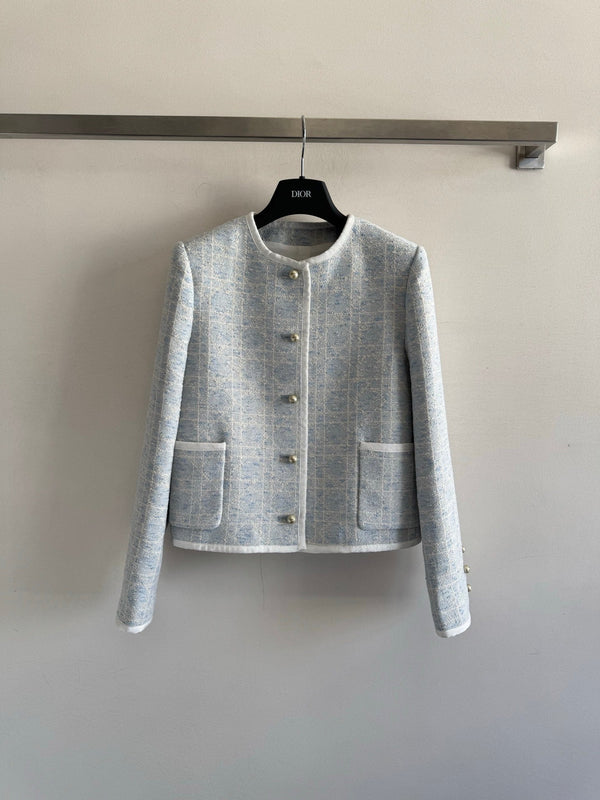 New limited edition Glacier Blue rattan check classic boxy round-neck blazer.