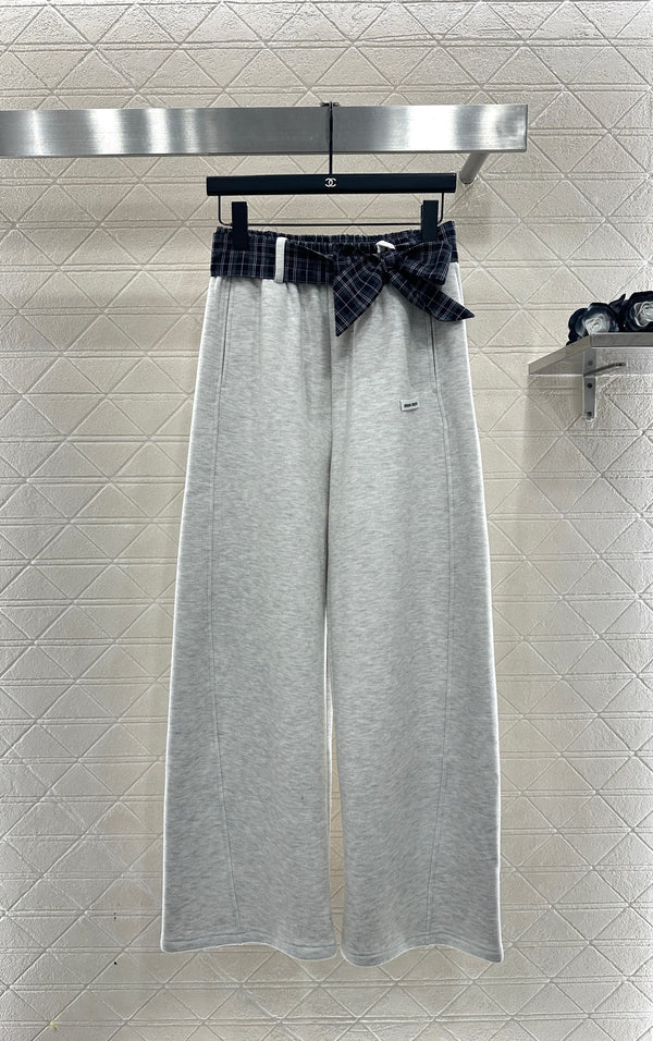 Fleece-lined Plaid Wide-Leg Trousers with Belt