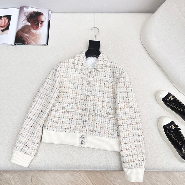 Latest Autumn/Winter Chanel-inspired woven tweed coat with lapel.