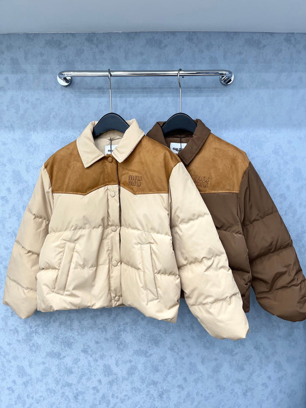 Autumn/Winter Collared Color-Blocked Suede Padded Jacket