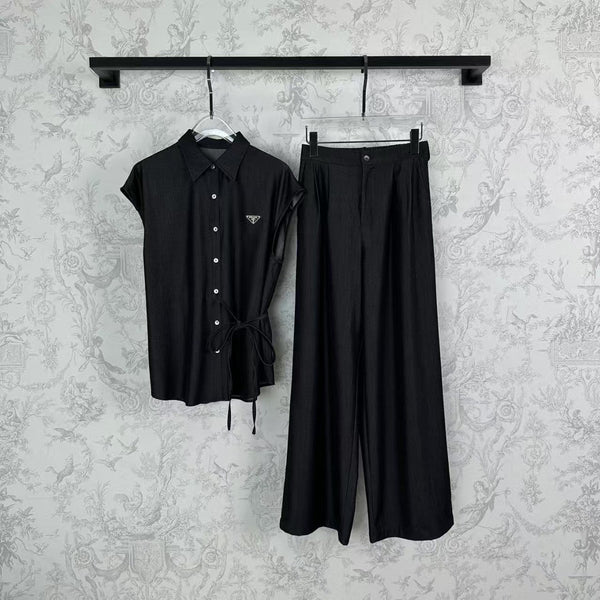 25 Early Spring Silk Denim Bandage + Elastic Waist Wide Leg Pants Set