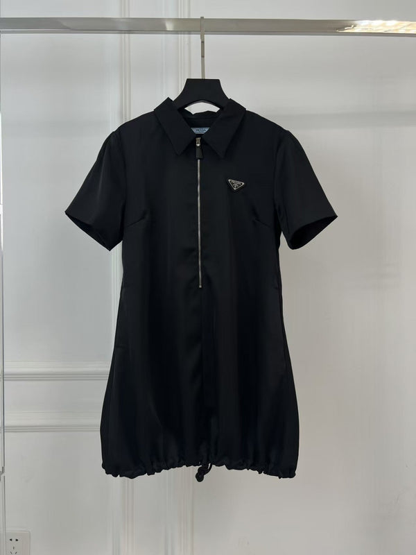 Lapel Short Sleeve Zipper Loose Dress