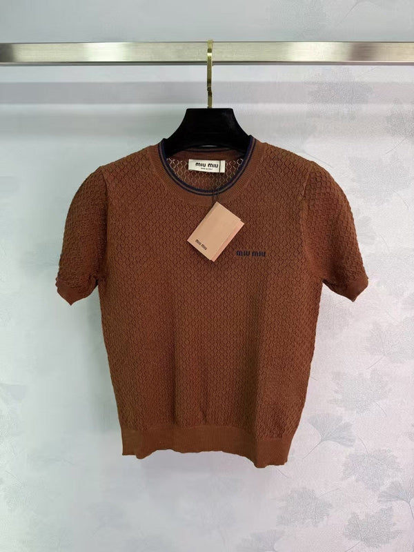 Hollow knit crew neck short sleeves