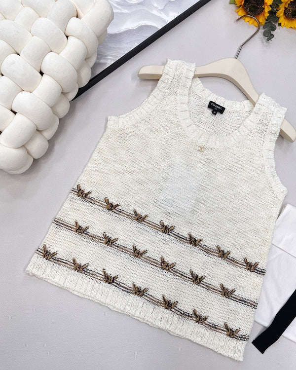 Gold Thread Butterfly Embroidered Knit Vest