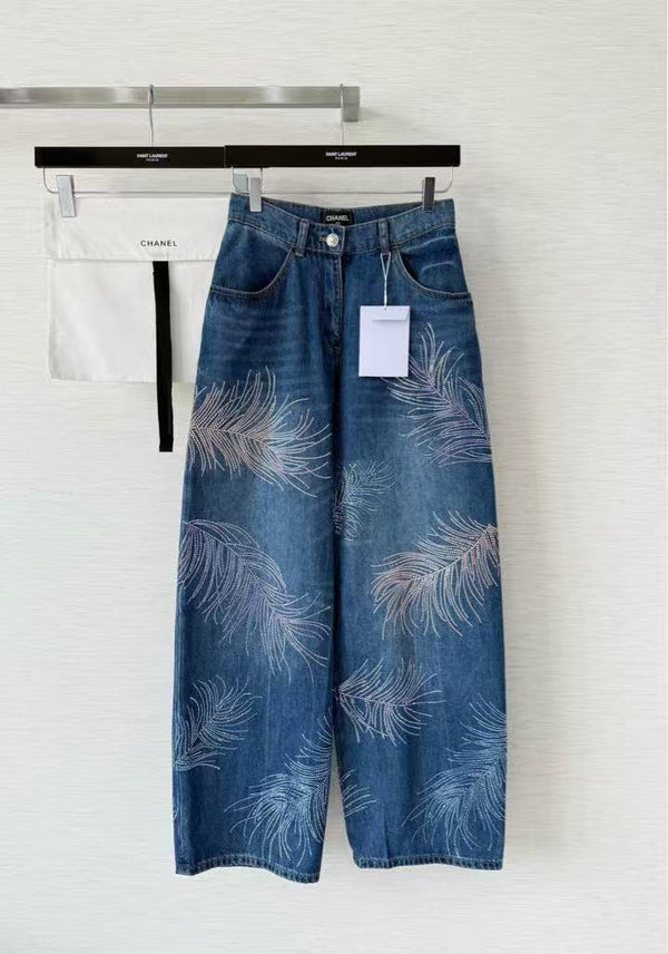 Feather leaf hot diamond jeans