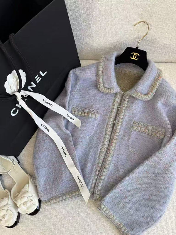 Doll collar heavy hand-crocheted collar light blue purple cardigan