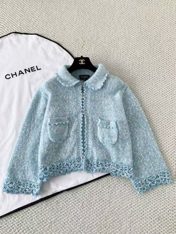 Blue embroidered wool cardigan