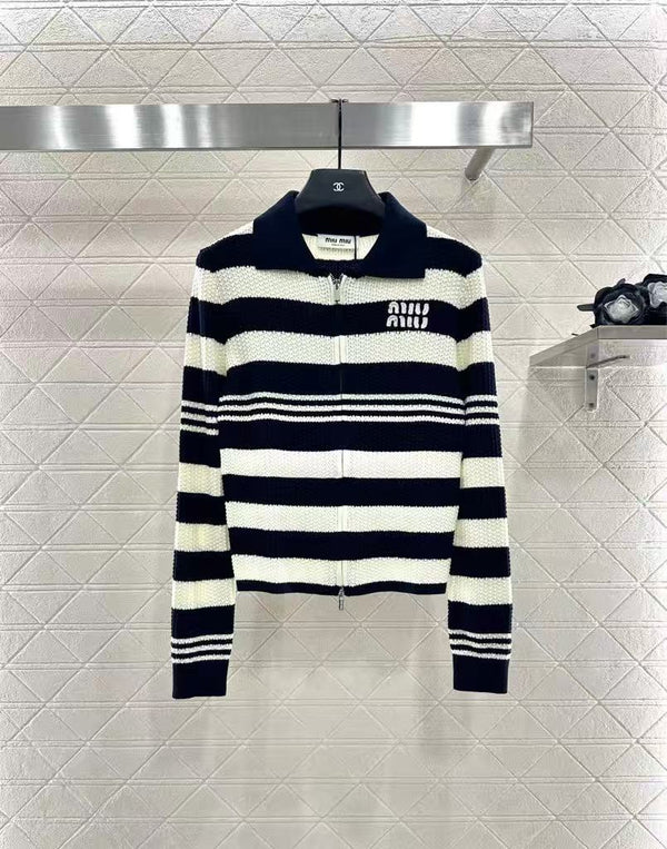 Lapel Knit Striped Cardigan