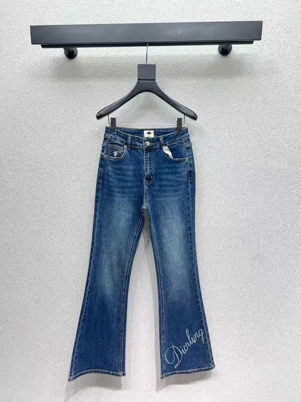 Rhinestone-embellished, slightly flared denim trousers