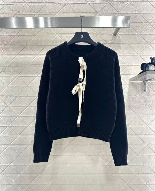 Round Neck Bow Tie Solid Knit Cardigan