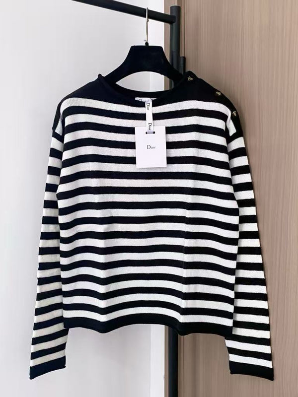 Striped button-shoulder long-sleeved sweater