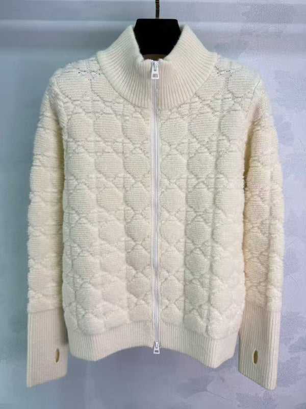 Cannage pattern stand-up collar long-sleeved cardigan