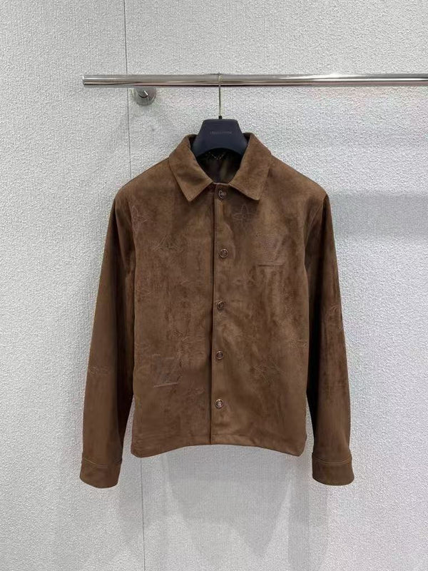 New Fall/Winter Dark Brown Suede Embroidered Shirt Jacket