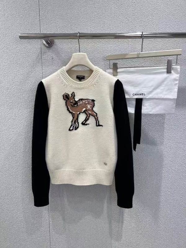 Deer Jacquard Pure Wool Color Block