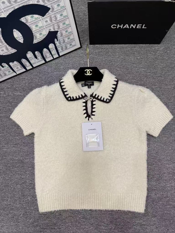 Autumn/Winter New Ski Collection Bow-Tie Collar Color-Blocked Knit Short-Sleeve T-Shirt