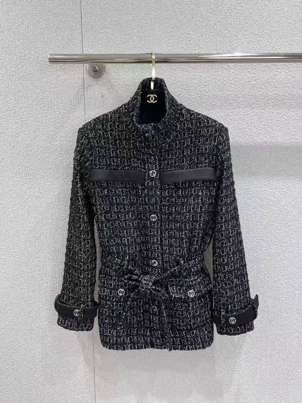 Black Stand Collar Belt Tweed Jacket