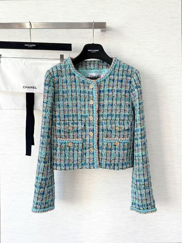 Haute Couture Peacock Blue Tweed Round Neck Jacket